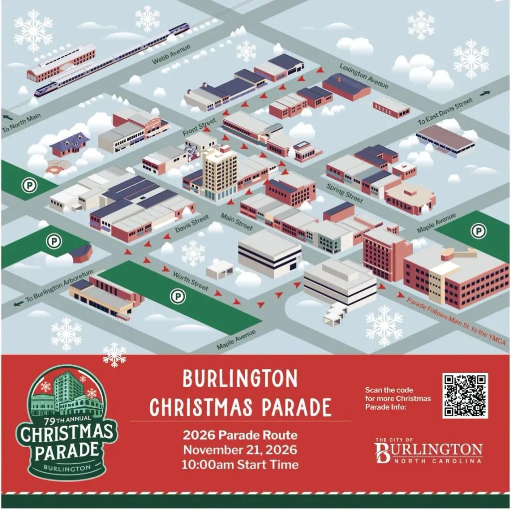 Burlington Christmas Parade route map, Downtown Burlington NC